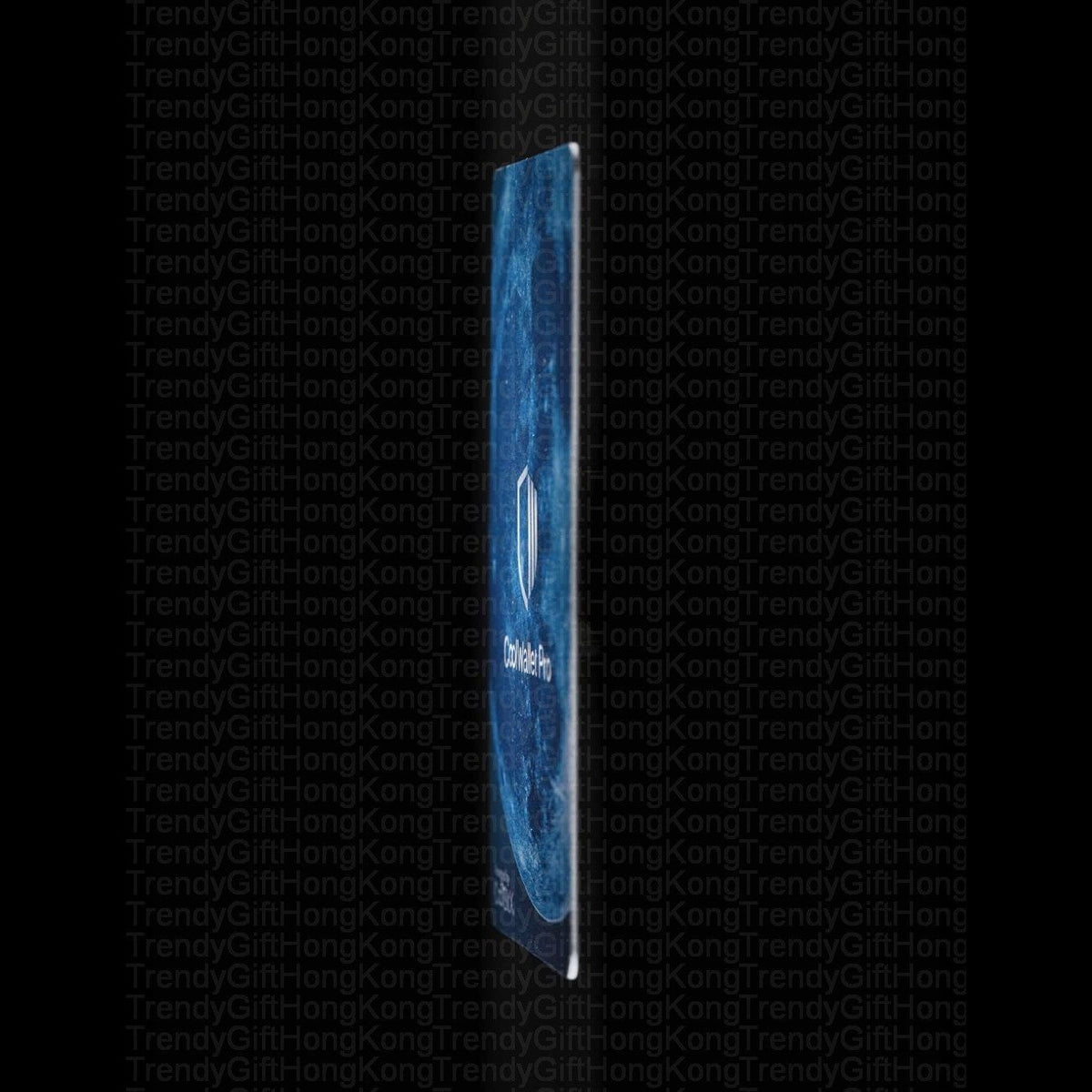 CoolWallet Pro — vertical card-shaped object standing upright, white shield-shaped outline logo near top