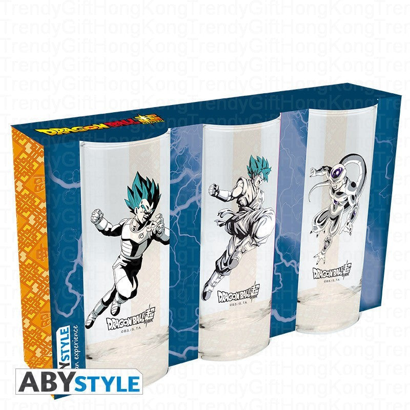ABYstyle Dragon Ball Super glass set featuring Goku, Vegeta and Frieza, 3 × 290 ml