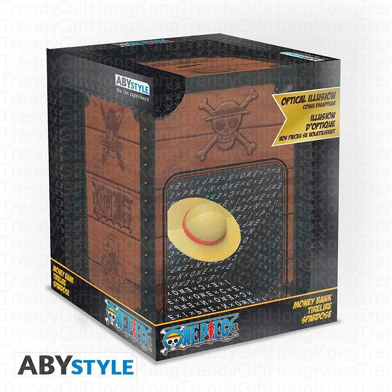 ABYstyle One Piece metal Strawhat money bank, 16.6 cm tall, with suspended hat coin cover.