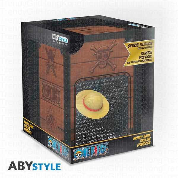 ABYstyle One Piece metal Strawhat money bank, 16.6 cm tall, with suspended hat coin cover.