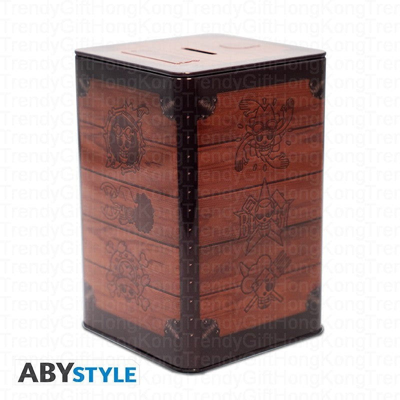 ABYstyle One Piece metal Strawhat money bank, 16.6 cm tall, with suspended hat coin cover.