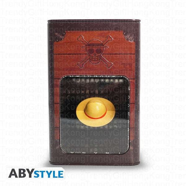 ABYstyle One Piece metal Strawhat money bank, 16.6 cm tall, with suspended hat coin cover.