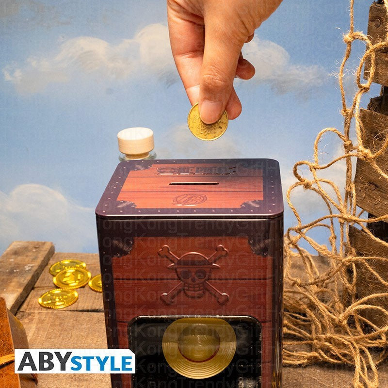 ABYstyle One Piece metal Strawhat money bank, 16.6 cm tall, with suspended hat coin cover.