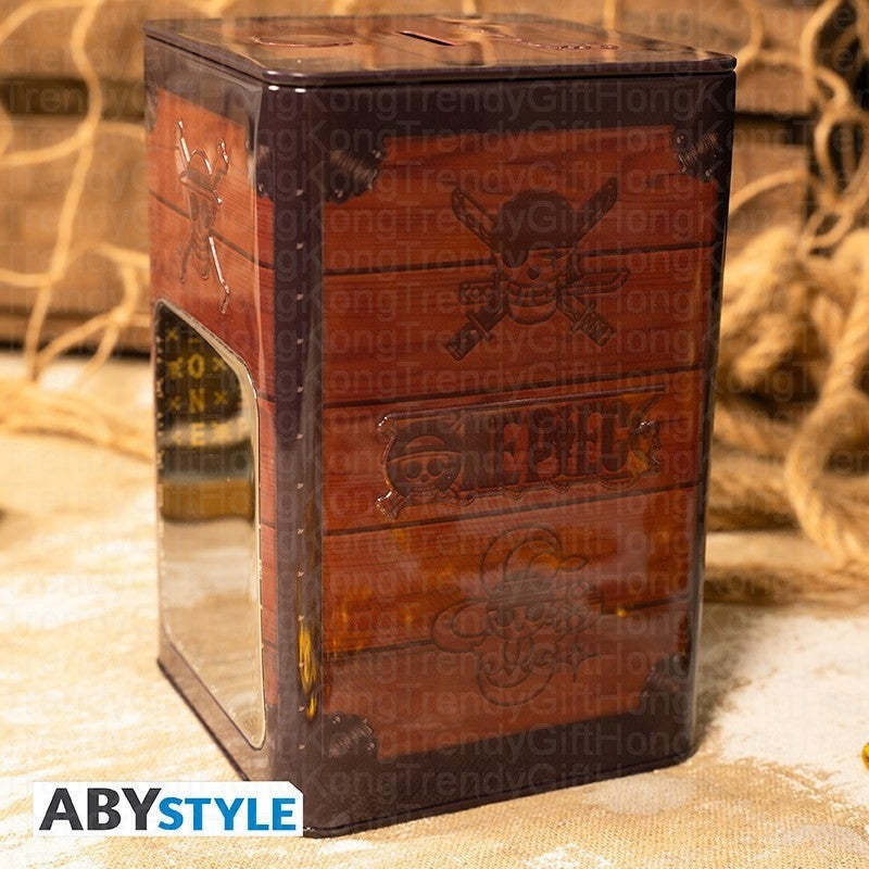 ABYstyle One Piece metal Strawhat money bank, 16.6 cm tall, with suspended hat coin cover.
