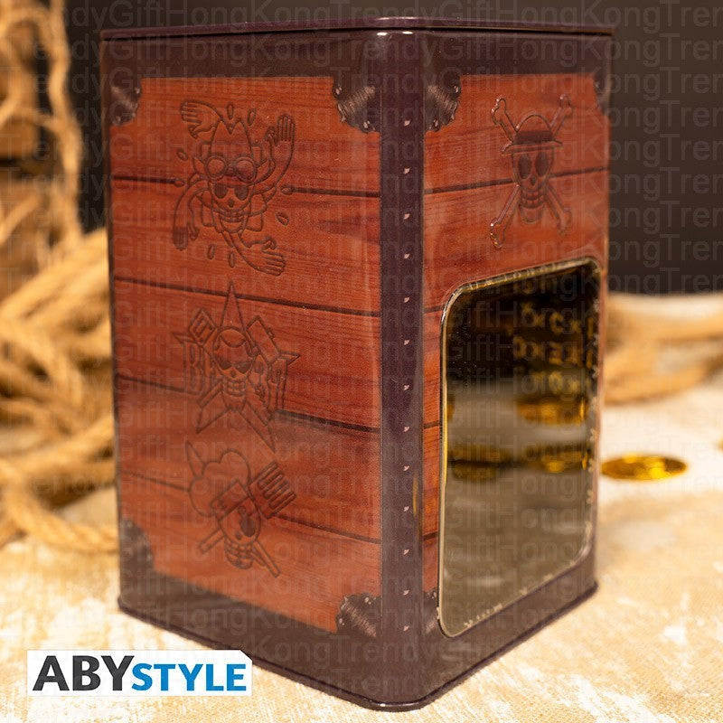 ABYstyle One Piece metal Strawhat money bank, 16.6 cm tall, with suspended hat coin cover.