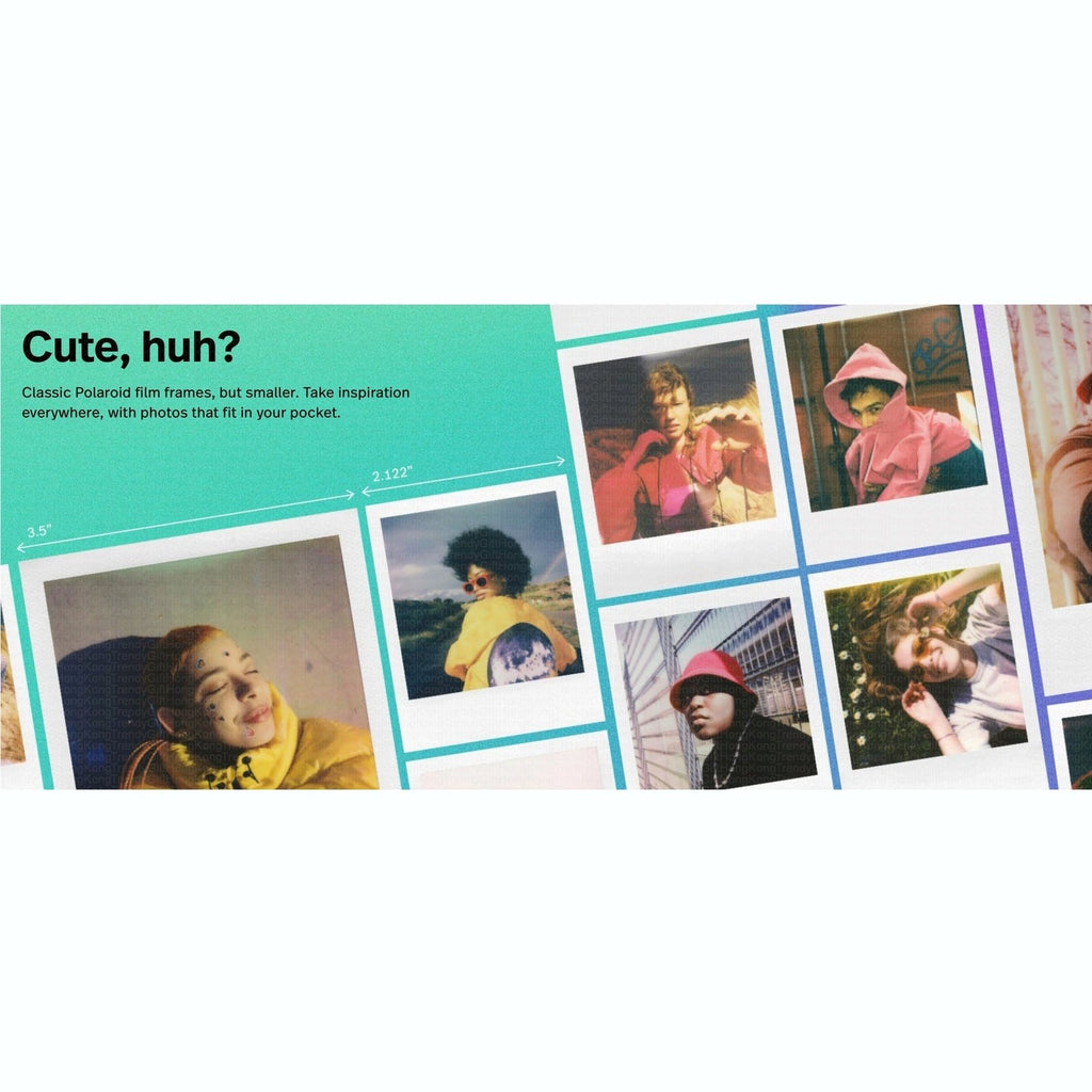 Colorful collage of white-bordered portrait prints beneath the heading “Cute, huh?”