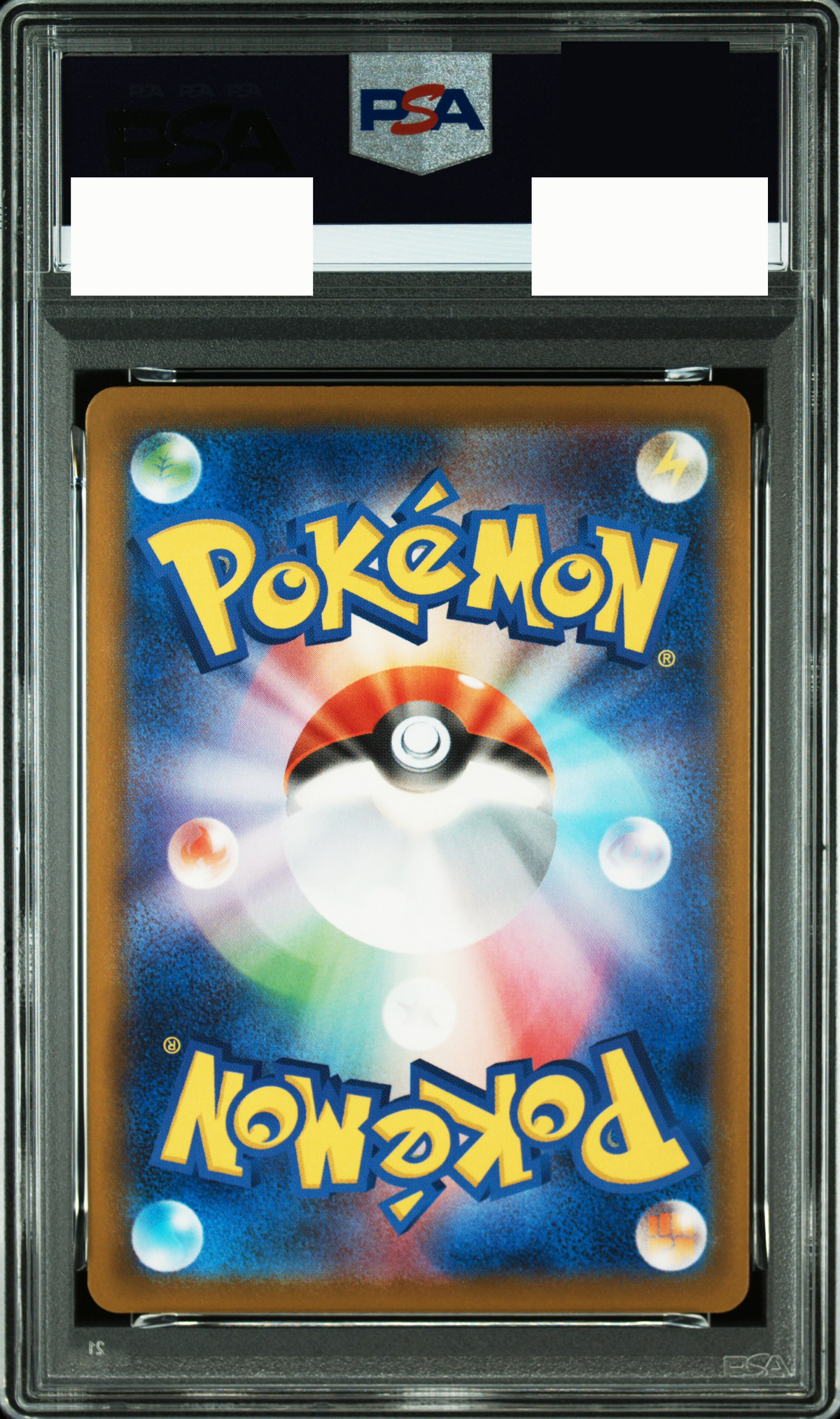 背面實物圖：Pikachu McDonald's M-P 020 PSA 10 卡殼背面，QR code、證書編號與條碼已遮蔽。