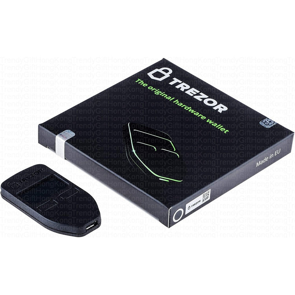 Trezor Model One — black device beside a black Trezor box, angled view