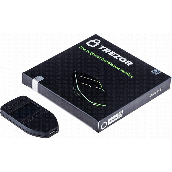 Trezor Model One — black device beside a black Trezor box, angled view