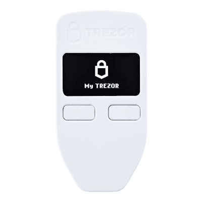 Trezor Model One — white device front view with a padlock symbol and My TREZOR on the screen