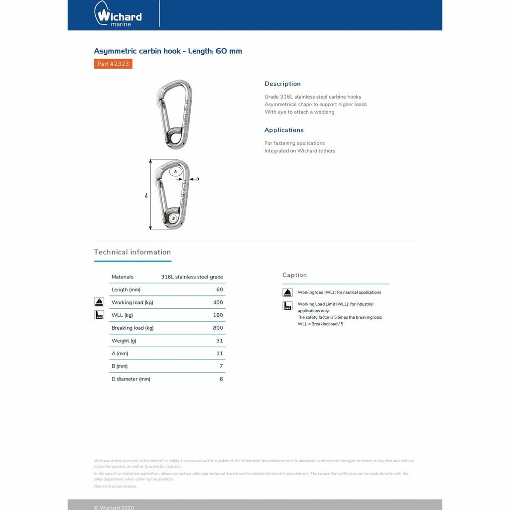 Wichard 2323 Asymmetric carabiner hook 60mm product detail