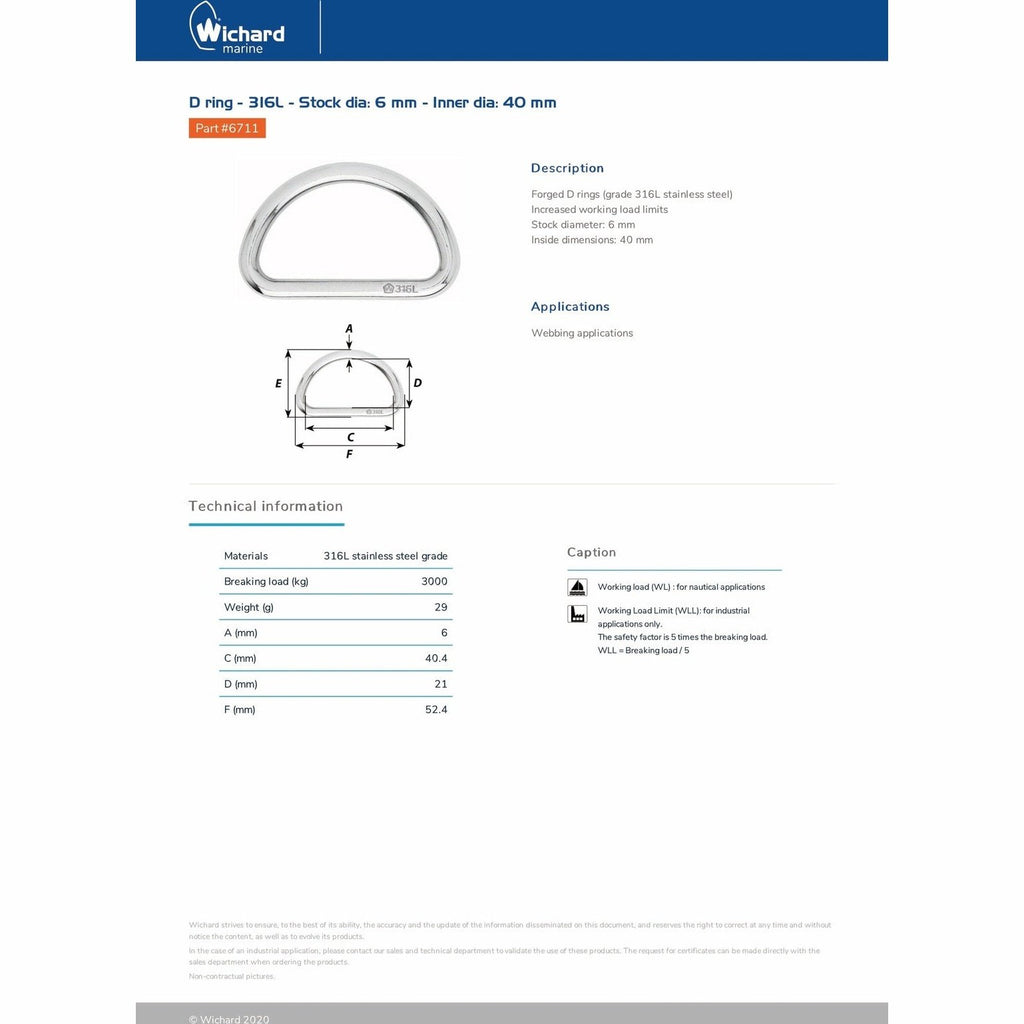 Wichard 6711 D ring 316L 6mm 40.4mm product detail
