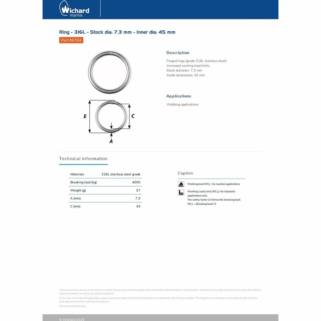 Wichard 6784 Forged ring 316L 7.3mm 45mm product detail