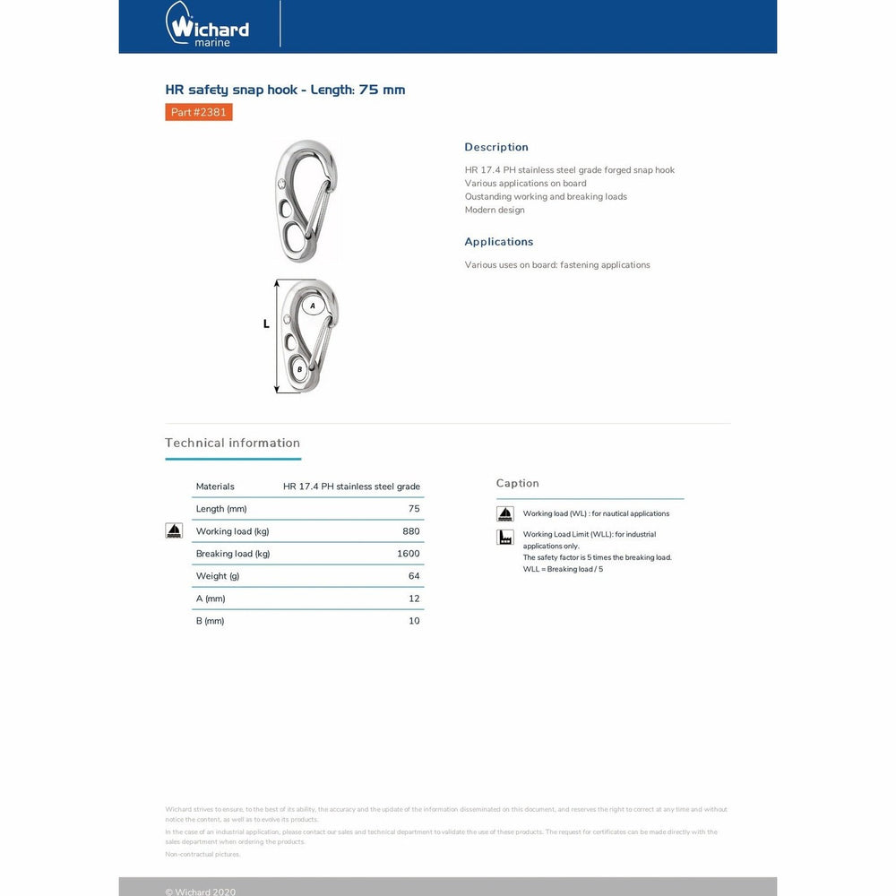 Wichard HR Safety Snap Hook - Length: 75 mm, Part #2381 trendygifthk