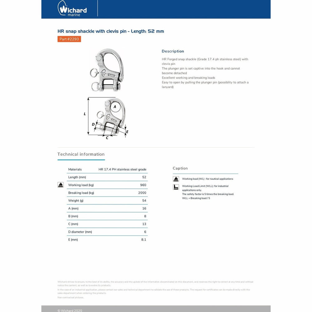 Wichard HR Snap Shackle with Clevis Pin - Length: 52 mm | Part #2293 trendygifthk