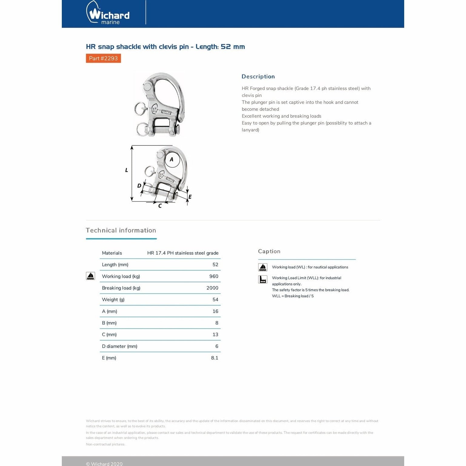Wichard HR Snap Shackle with Clevis Pin - Length: 52 mm | Part #2293 trendygifthk