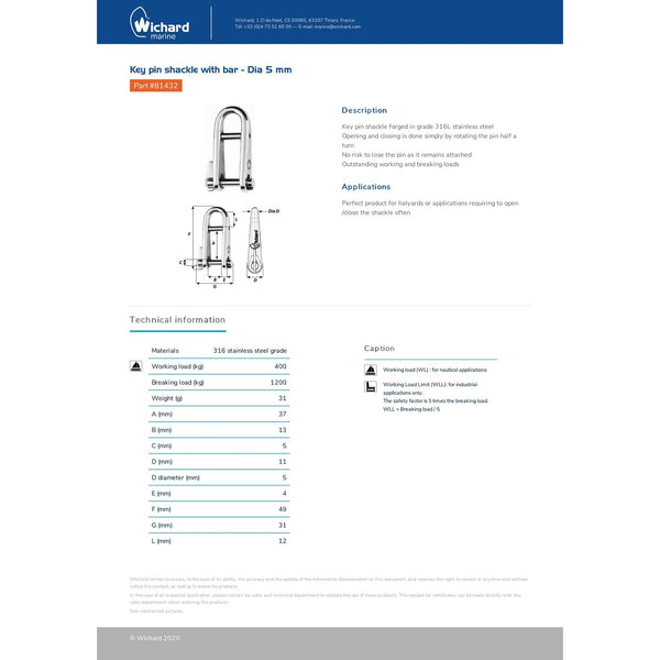 Wichard 81432 marine key pin shackle with retaining bar