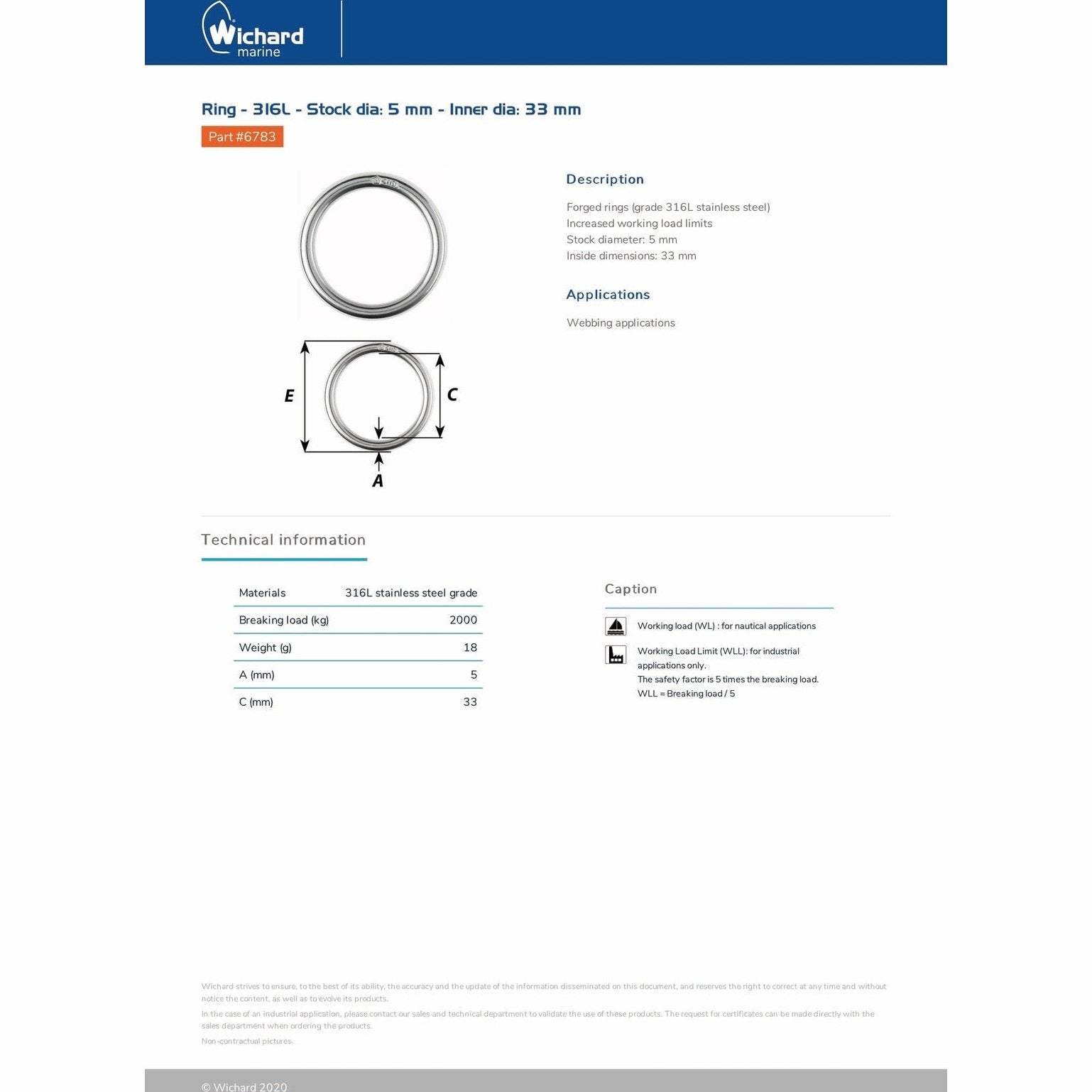 Wichard Ring - 316L Stainless Steel - Stock Diameter 5mm - Inner Diameter 33mm Part #6783 trendygifthk
