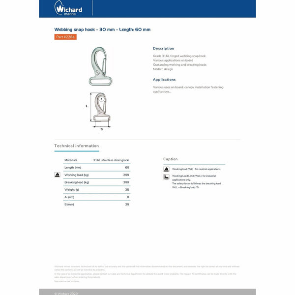 Wichard 2284 Webbing snap hook 60mm product detail