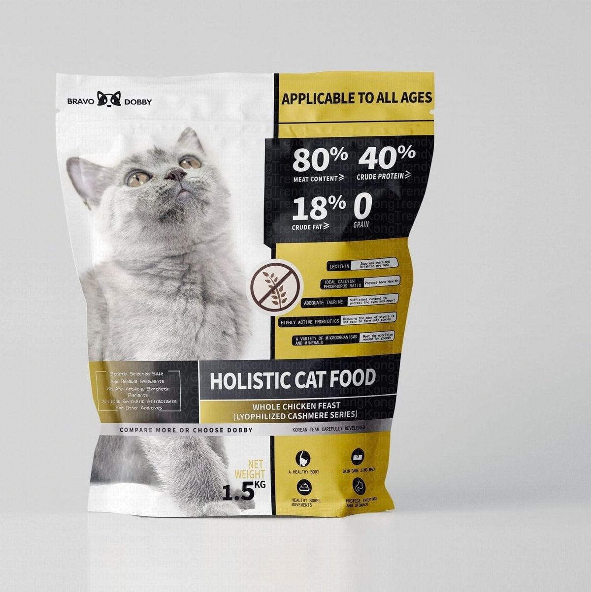 Front view of the Bravo Dobby Whole Chicken Feast holistic cat food 1.5 kg bag
