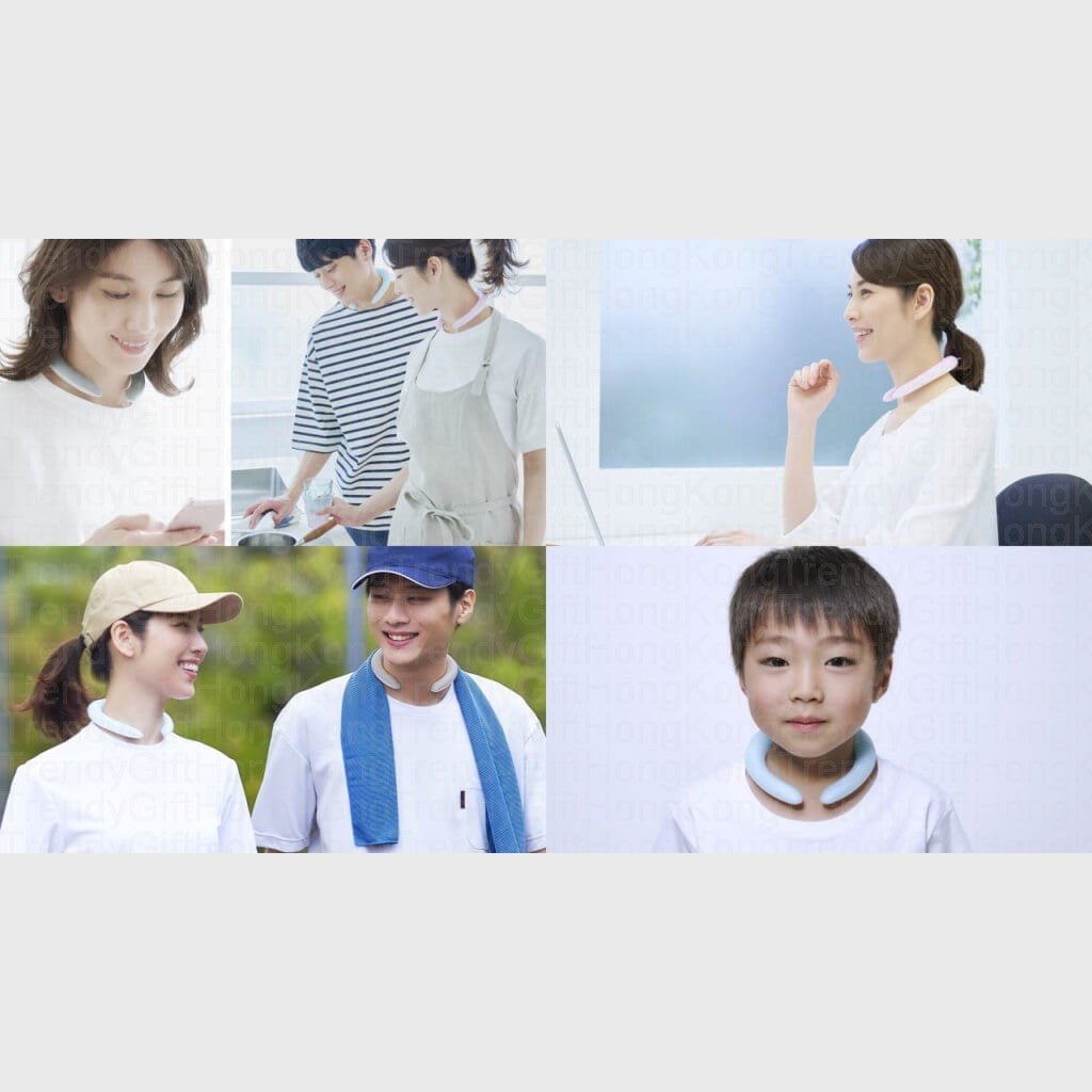 Lifestyle collage shows people wearing Cogit COOLOOP neck rings at home and outdoors.