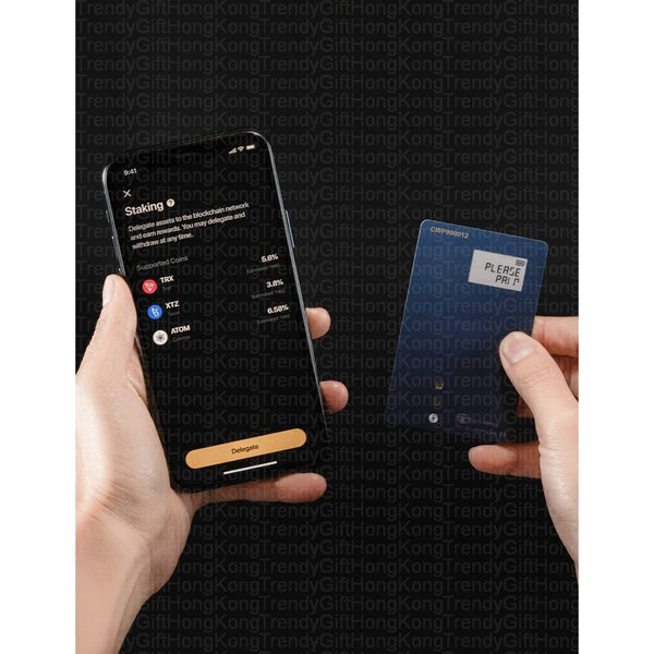 CoolWallet Pro — two hands holding a smartphone and a blue card-sized device