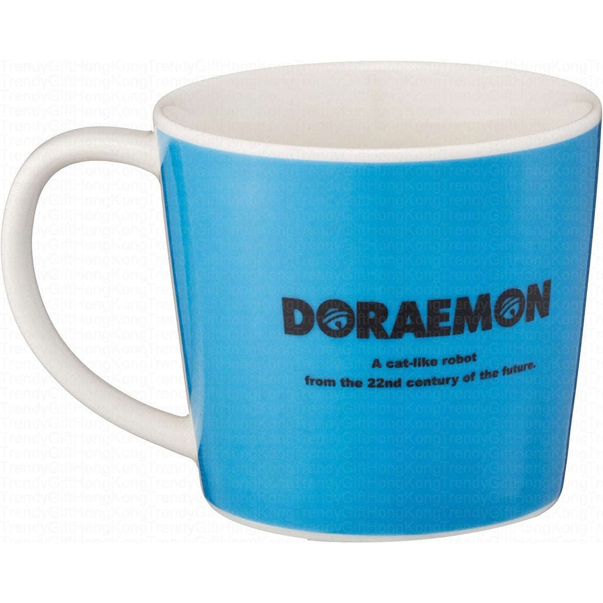Back of the blue Doraemon mug with the character name printed on it