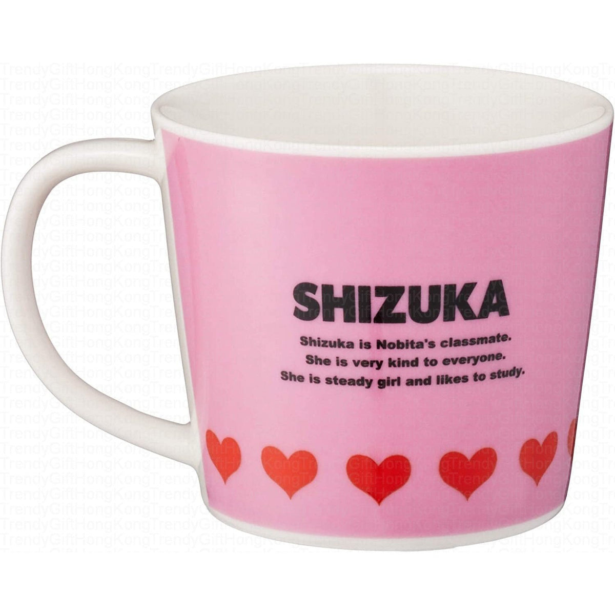 Back of the pink Shizuka mug with the character name printed on it
