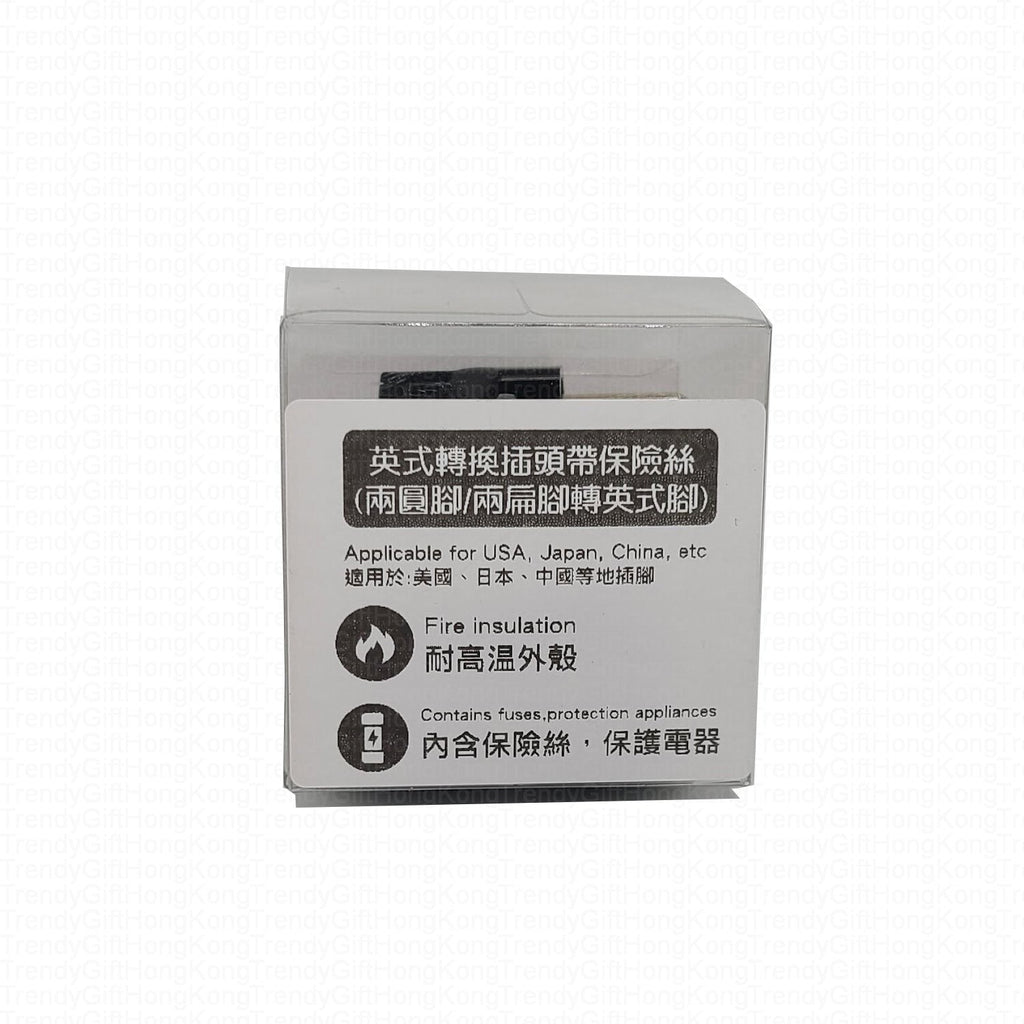 Back of the converter plug package with safety and use icons