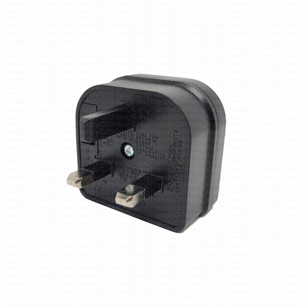 Black converter plug shown from the UK three-pin side