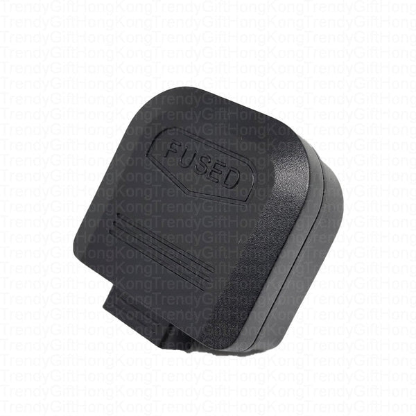 Rear cover of the black converter plug marked “FUSED”