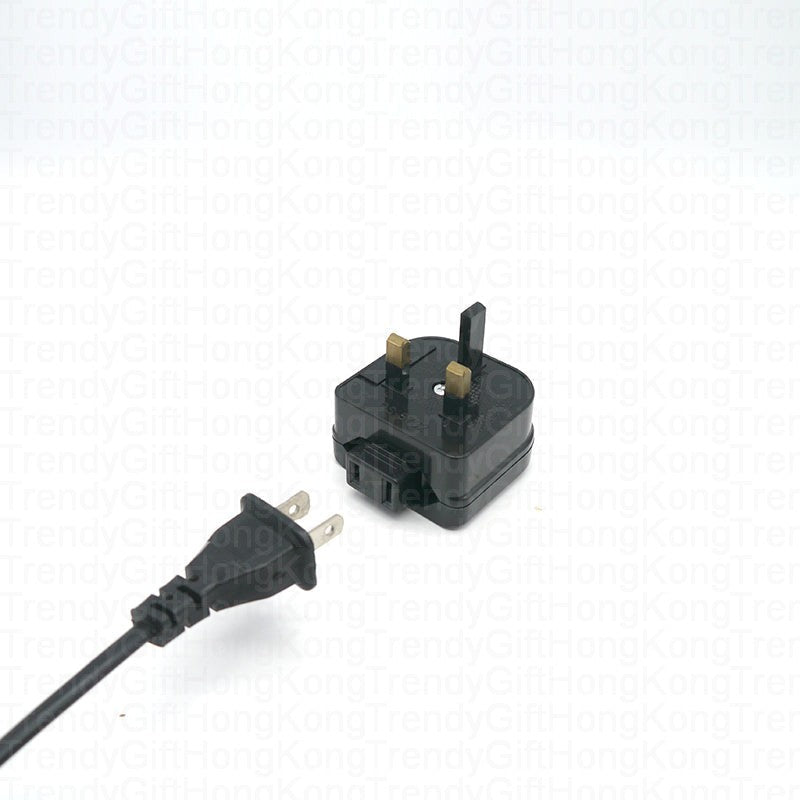 Converter adapter beside a two-flat-pin power cord plug