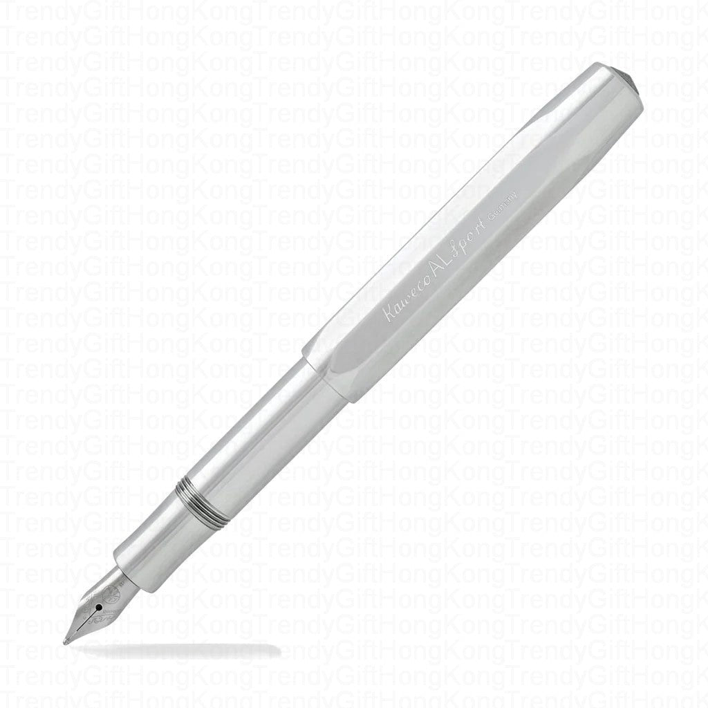 Kaweco AL Sport fountain pen in a raw aluminum finish, shown from the side with its nib exposed.