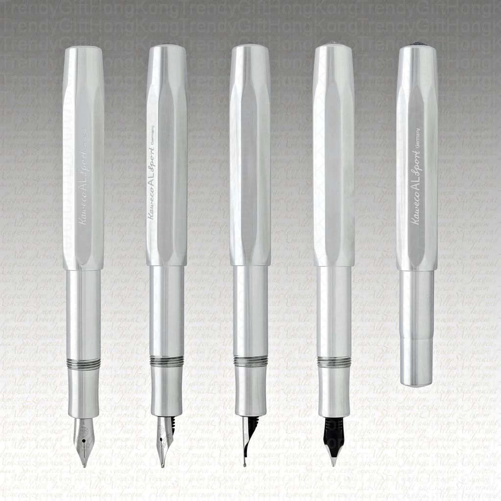 Graphic showing several silver-tone Kaweco AL Sport pen and nib assemblies, plus a capped pen.