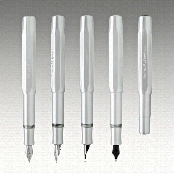 Graphic showing several silver-tone Kaweco AL Sport pen and nib assemblies, plus a capped pen.