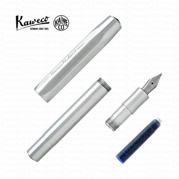 Silver Kaweco AL Sport pen parts arranged apart with a cartridge and nib section.