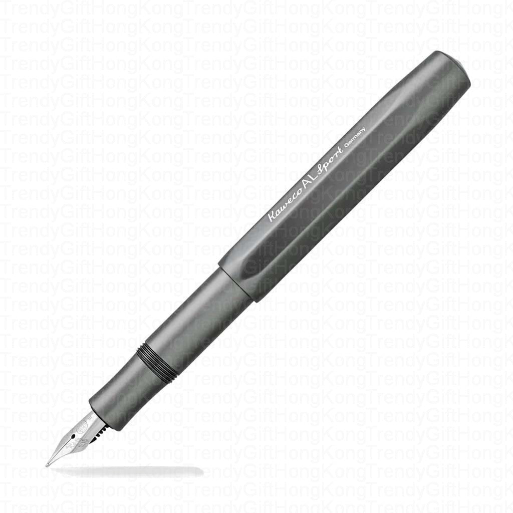 Close view of the grey Kaweco AL Sport fountain pen with its nib facing forward.