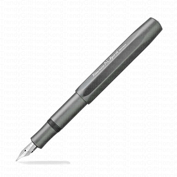 Close view of the grey Kaweco AL Sport fountain pen with its nib facing forward.