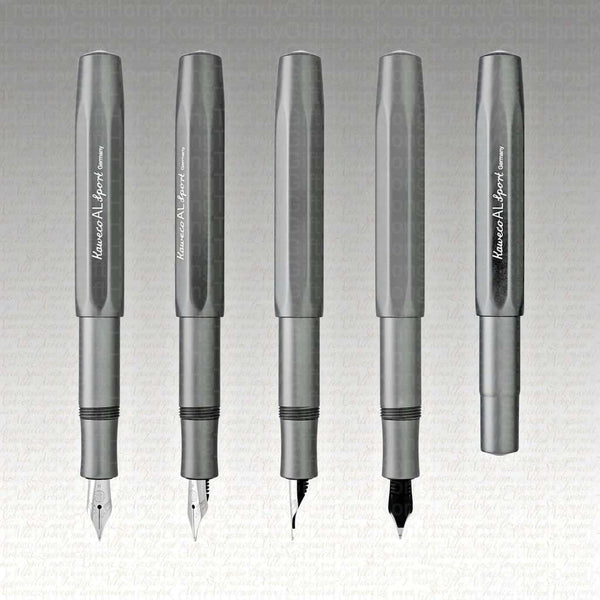 Graphic showing several grey Kaweco AL Sport pen and nib assemblies, plus a capped pen.