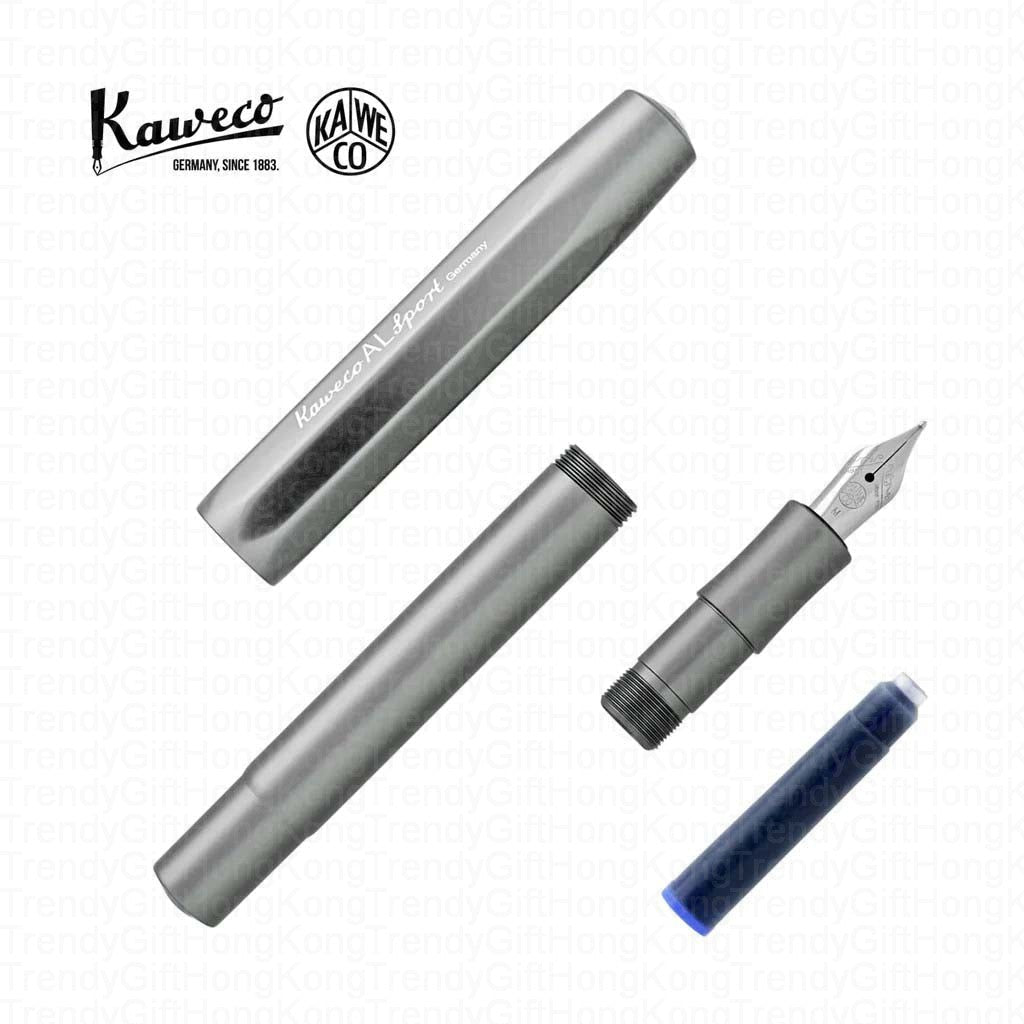 Grey Kaweco AL Sport pen parts arranged apart with a cartridge and nib section.