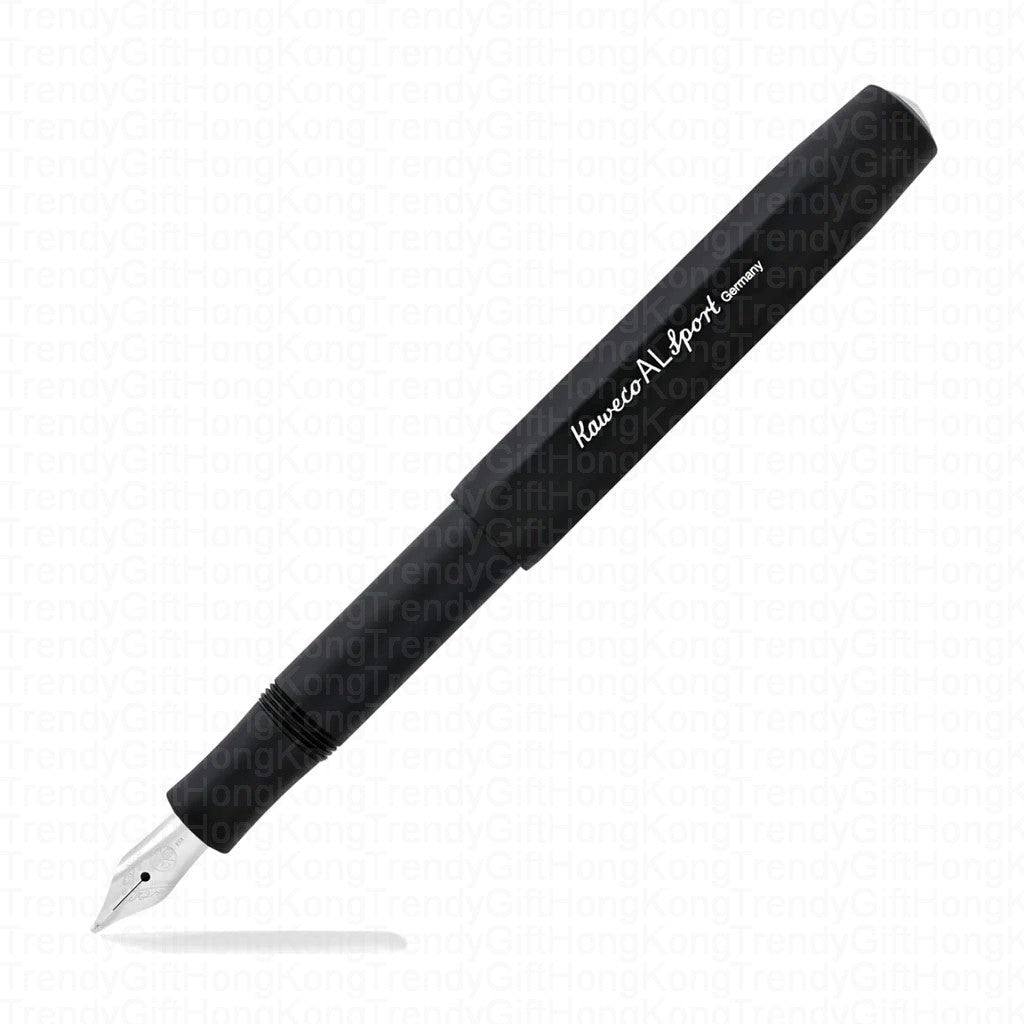 Black Kaweco AL Sport fountain pen shown diagonally with its silver-tone nib exposed.