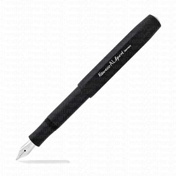 Black Kaweco AL Sport fountain pen shown diagonally with its silver-tone nib exposed.