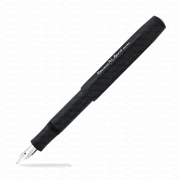 Close view of the black Kaweco AL Sport fountain pen with its nib facing forward.