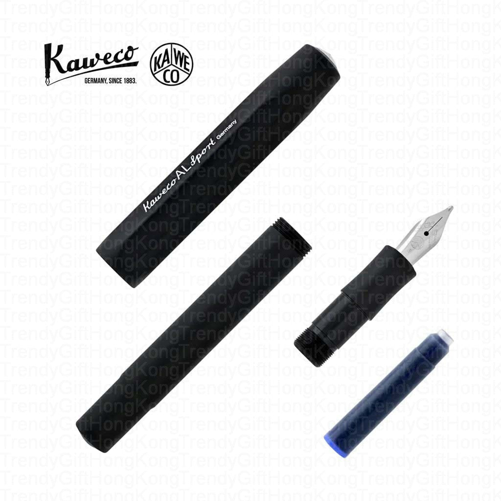Black Kaweco AL Sport pen parts arranged apart with a cartridge and nib section.
