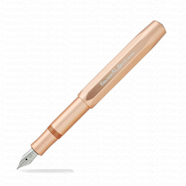 Rose gold Kaweco AL Sport fountain pen shown diagonally with its silver-tone nib exposed.