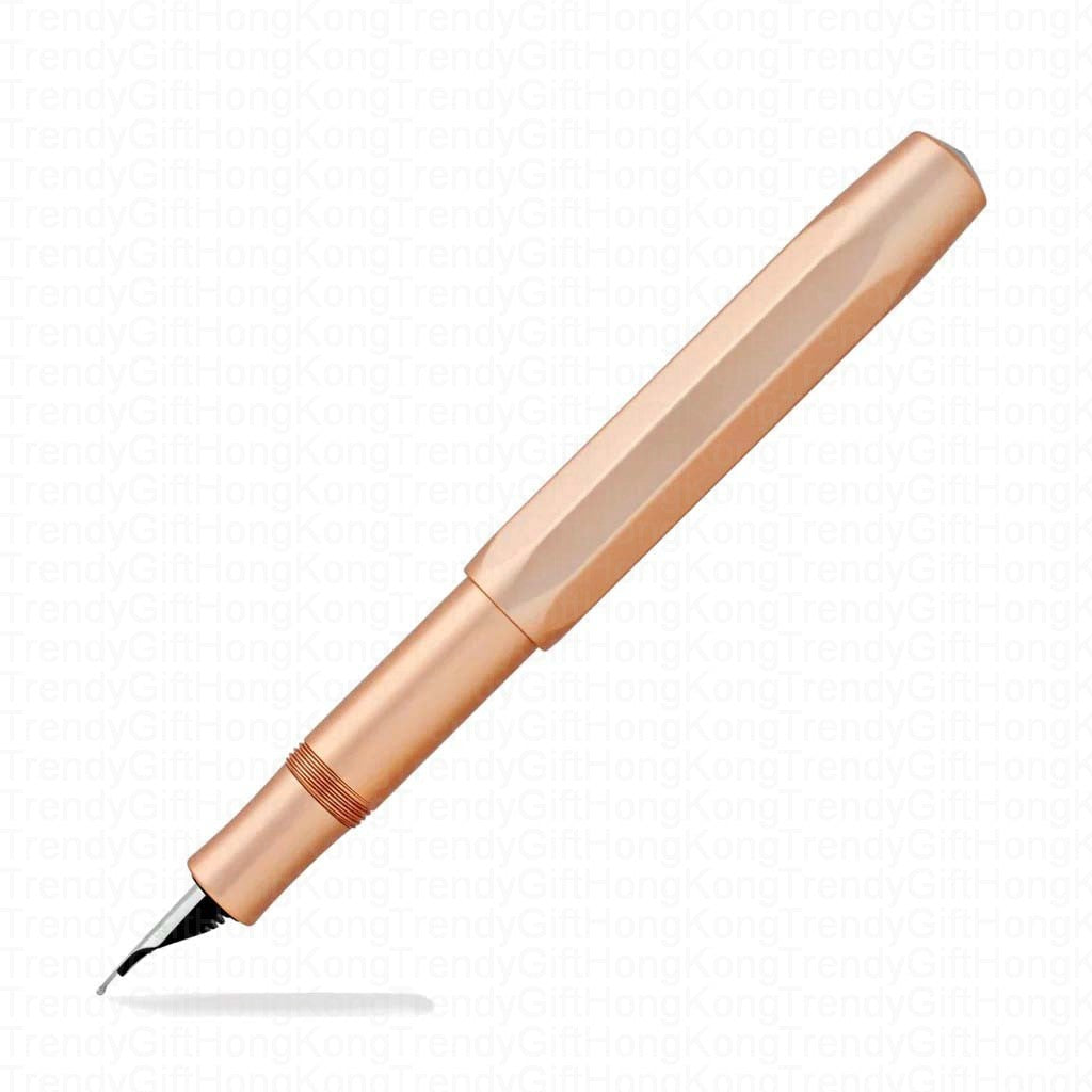Rose gold Kaweco AL Sport fountain pen shown uncapped with its nib section visible.