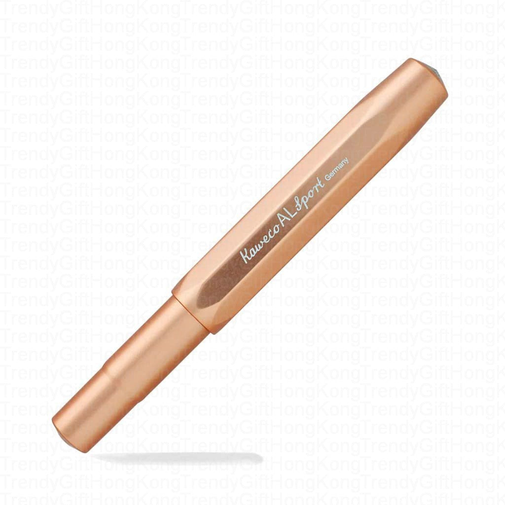Angled side view of the capped rose gold Kaweco AL Sport fountain pen.