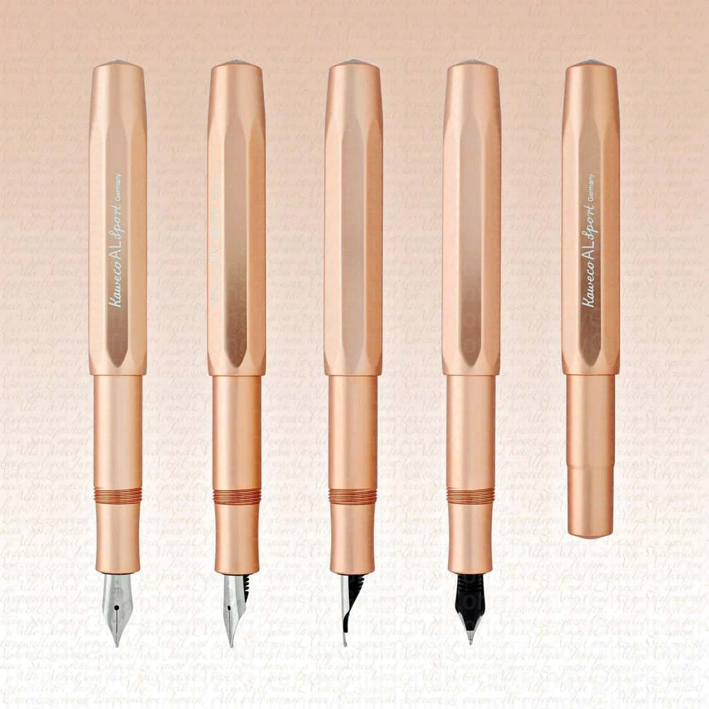 Graphic showing several rose-gold Kaweco AL Sport pen and nib assemblies, plus a capped pen.