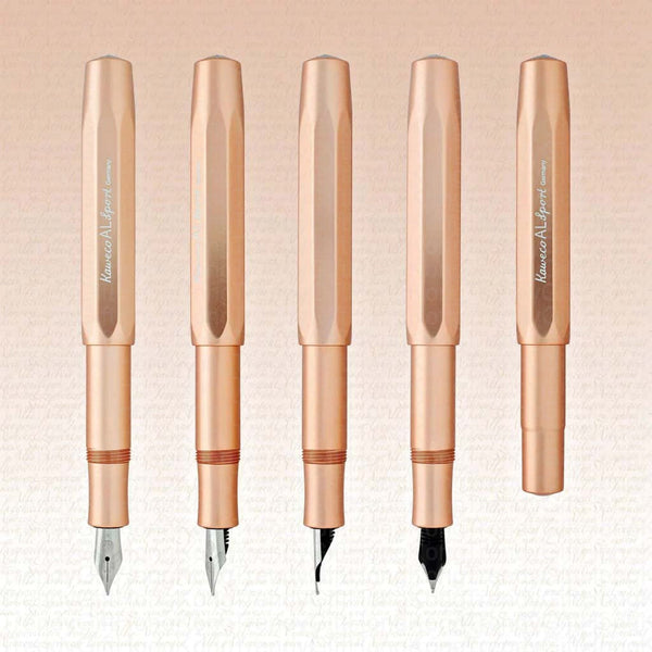 Graphic showing several rose-gold Kaweco AL Sport pen and nib assemblies, plus a capped pen.