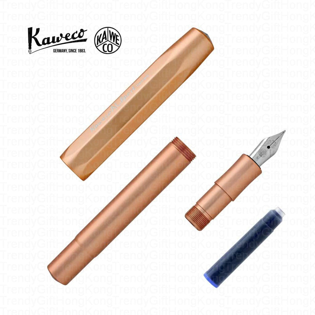 Rose gold Kaweco AL Sport pen parts arranged apart with a cartridge and nib section.